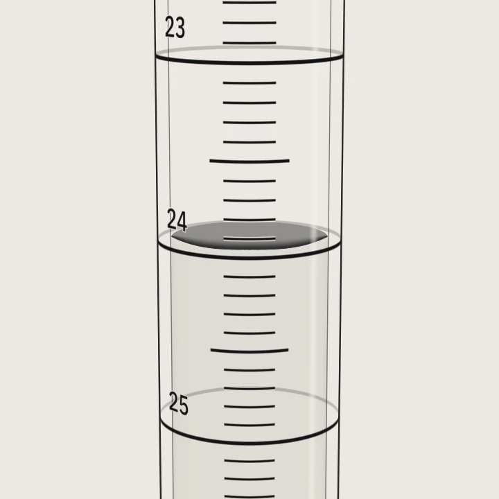 Burette scale from 23 to 25 mL seen from 12 degrees above the meniscus: the rings open into ellipses and the line of sight meets the scale at 23.95 mL, reading low.