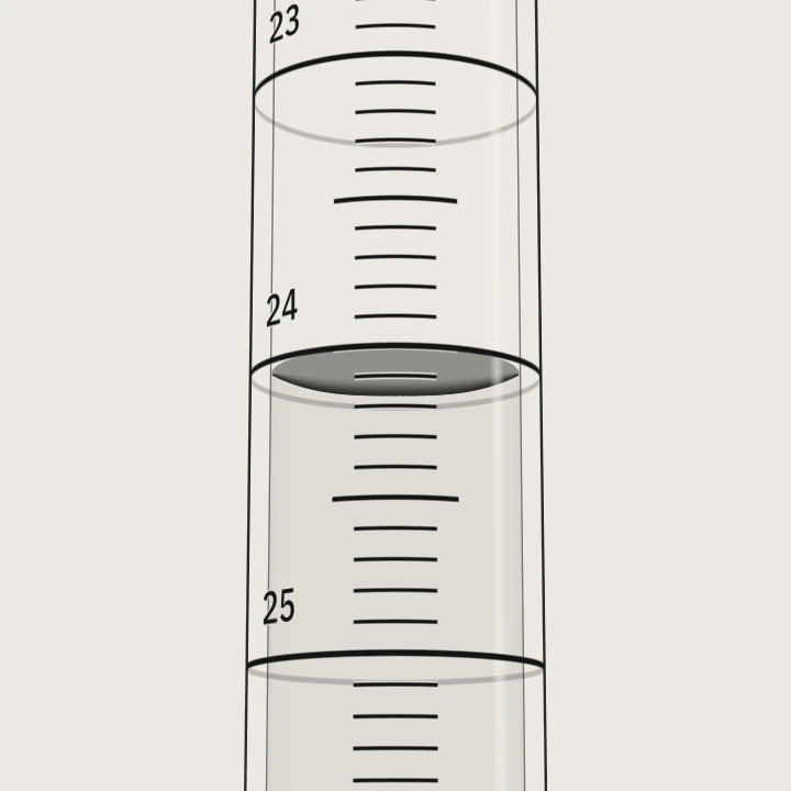 Burette scale from 23 to 25 mL seen from 12 degrees below the meniscus: the rings open the other way and the line of sight meets the scale at 24.17 mL, reading high.