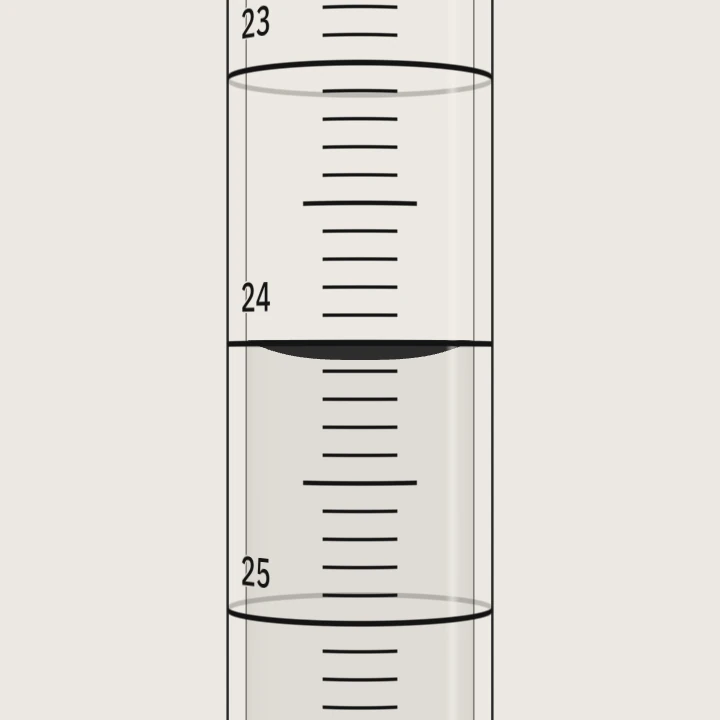 Burette scale from 23 to 25 mL seen at eye level: the 24 mL ring is a single line and the bottom of the meniscus sits at 24.06 mL.
