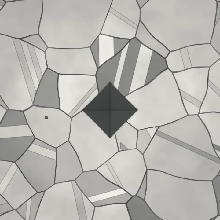 Simulated micrograph: a dark, four-faceted Vickers indentation pressed into etched 316L at ×500.