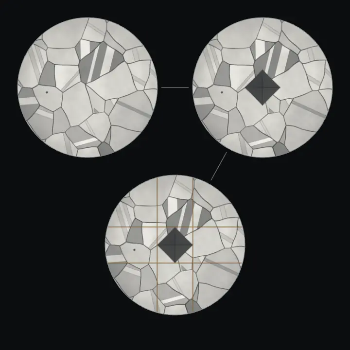 Three simulated ×500 fields of 316L, two above and one below: etched; indented; measured, with crosshairs on the corners, d1 71.4 µm, d2 72.1 µm, 180 HV0.5.